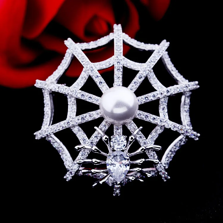 Винтаж Белый перламутр куполообразный CZ паутина брошь серебряного цвета