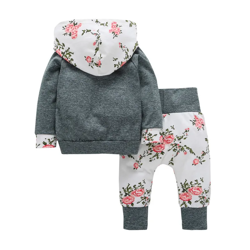 

spring Autumn new baby Girls clothes High quality Long Sleeve T-shirt Hooded Tops+Floral pants Two pieces Children clothing set