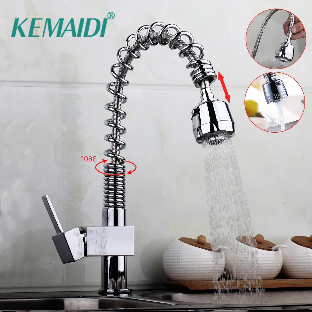 

KEMAIDI смеситель для кухонной раковины выдвижной спрей поворотный носик никелированный матовый и хромированный латунный Смеситель для горяч...