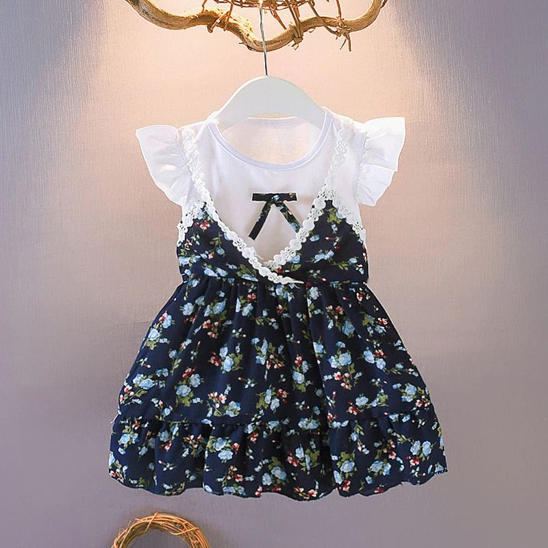 Summer Casual Chiffon Flare Sleeve Fake 2 Piece Floral Pattern Dress Baby Girls Beach 2019 Kids Toddler Princess Sundress | Детская