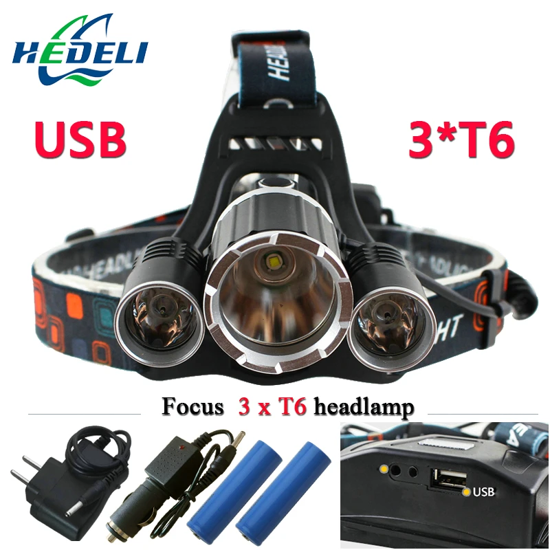 3T6 USB jack 10000 люмен светодиодные фары CREE XML T6 Водонепроницаемый Головной фонарь 18650