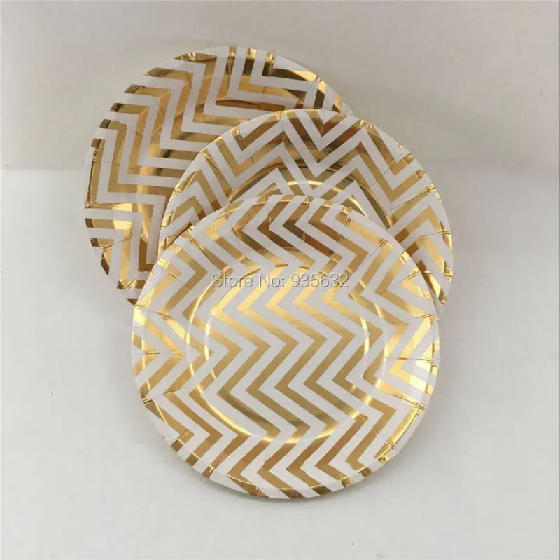 

108pcs Metallic Foil Gold Silver Chevron Striped Party Paper Plate 9inch Gold Silver Round Plate Disposable Tableware