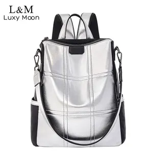 Женский кожаный рюкзак с защитой от кражи, в стиле пэчворк, серебристого цвета, XA432H