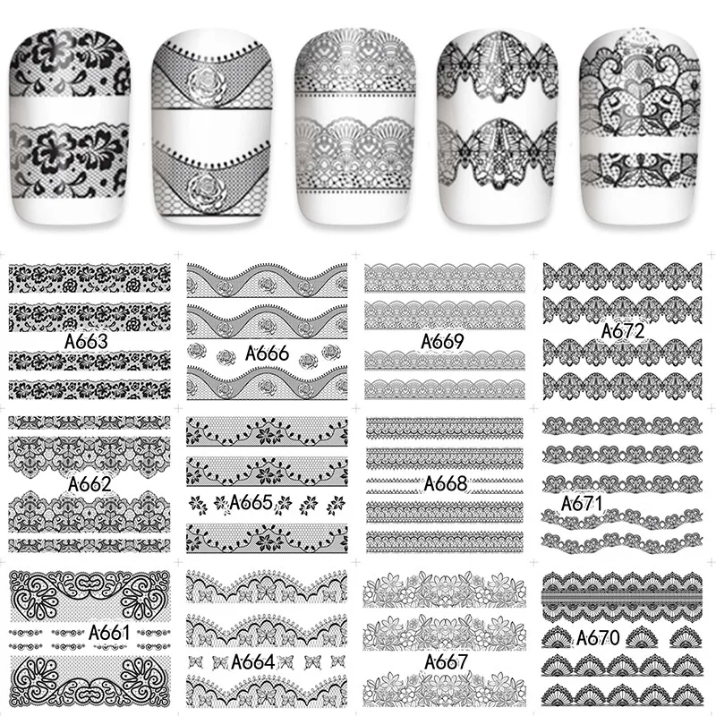 

12 листов красота черный цветок кружева дизайн ногтей полное покрытие переводная Вода Наклейка на ногти слайдер тату аксессуары для ногтей