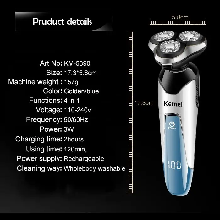 Kemei KM-5390 4 в 1 электробритва моющийся триммер для волос носу электрическая бритва