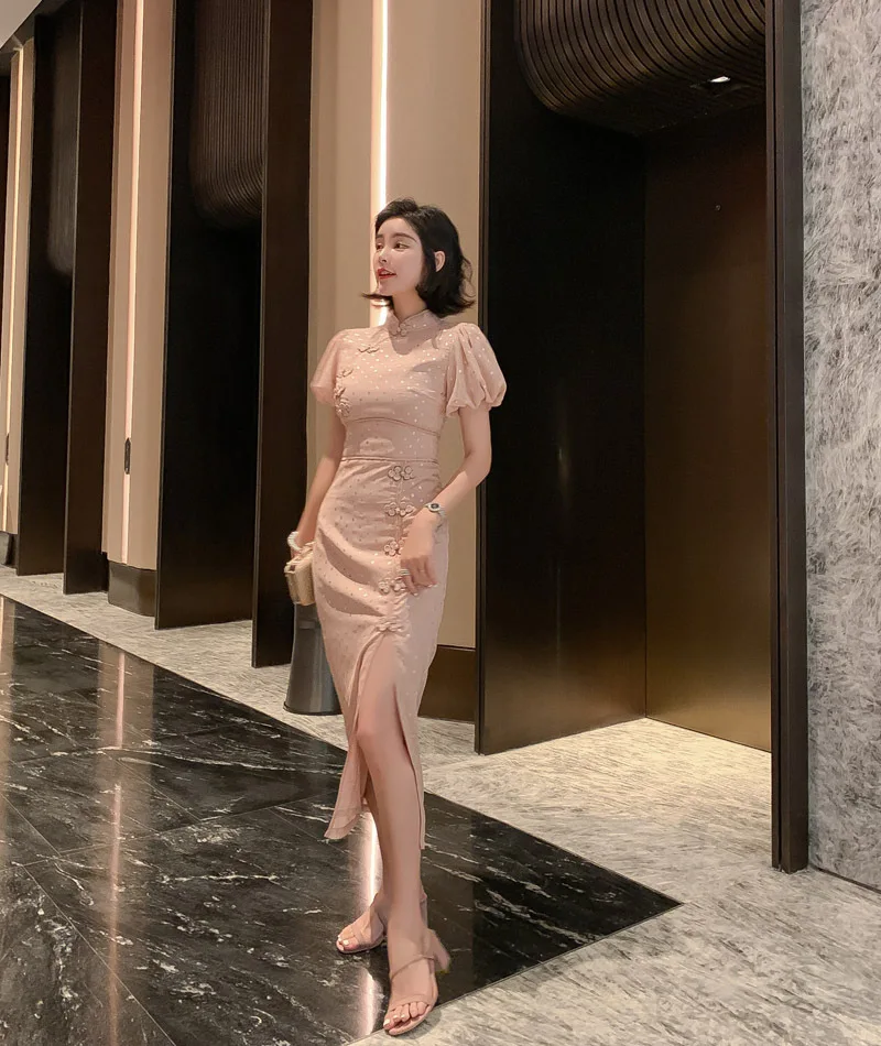 Летние винтажные платья Cheongsam, офисный Женский Бандаж, Сплит, Сексуальные вечерние платья, стоячий воротник, короткие пышные рукава, высококачественное женское платье