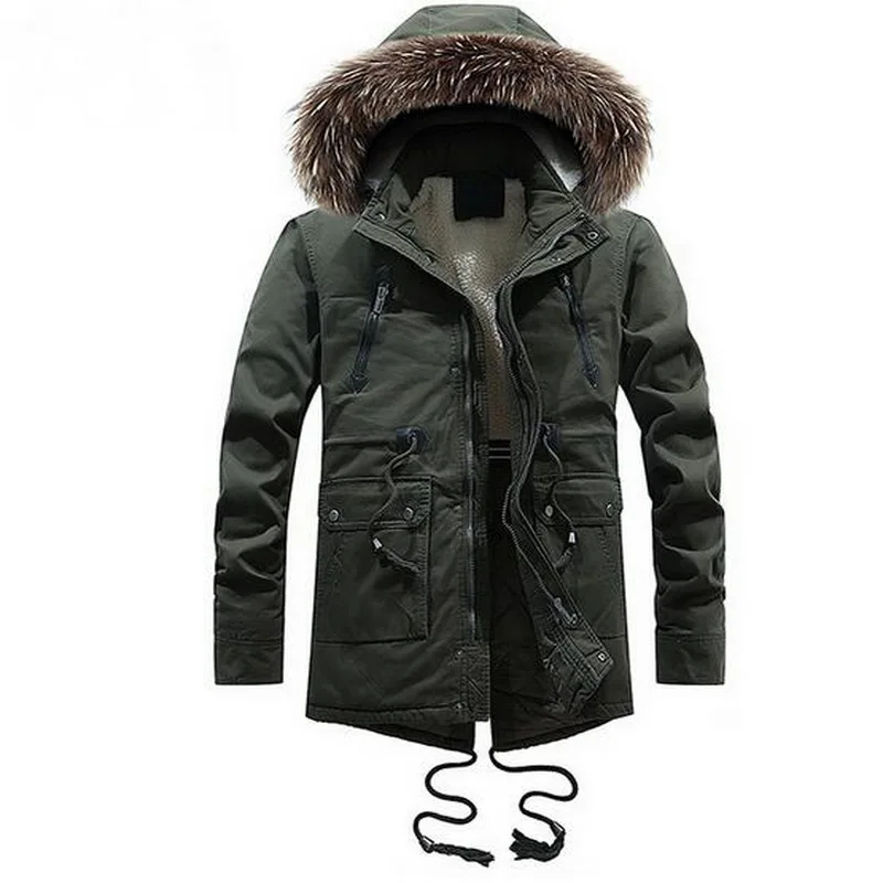 Men Irregular Hem Drawstring Fur Collar Coat Men Brand Fleece Fur Collar Military Parkas Warm Outwear