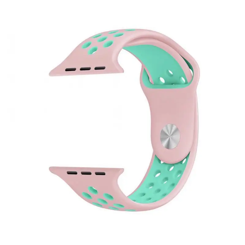 Pink Green Сменный ремешок для наручных часов Apple Watch серии 1/2/3 двойной Цвета отверстие силиконовые спортивные Ремешки для наручных часов iWatch, 42 мм, 38 мм - Цвет ремешка: Pink Green