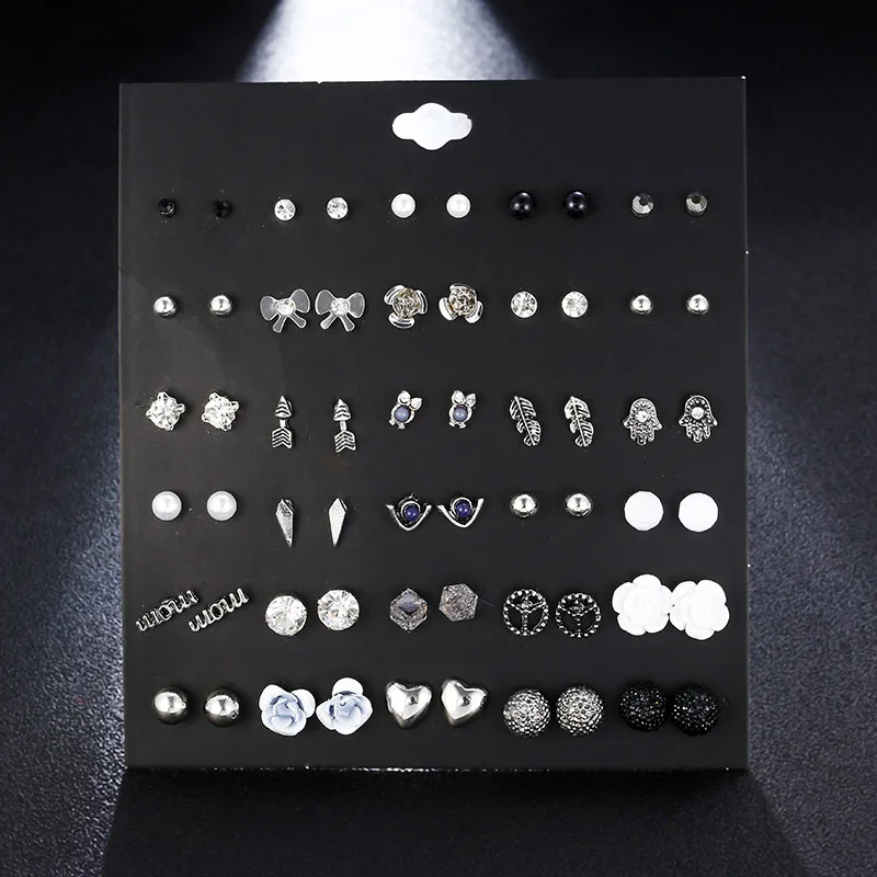 30 Pairs/set Vintage Silver Alloy Crystal Stud Earrings Set Mix For Women Girls Cute White Resin Flower Earring Gifts Jewelry | Украшения и