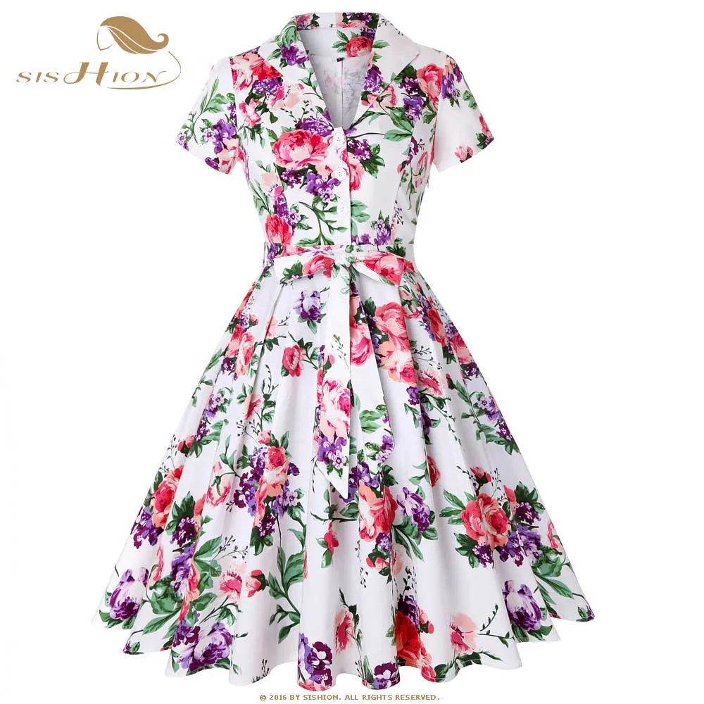

SISHION Cotton White with Blue Red Flower Floral Dress Women Ladies Summer Party Pin Up Retro Vintage Dress SD0002