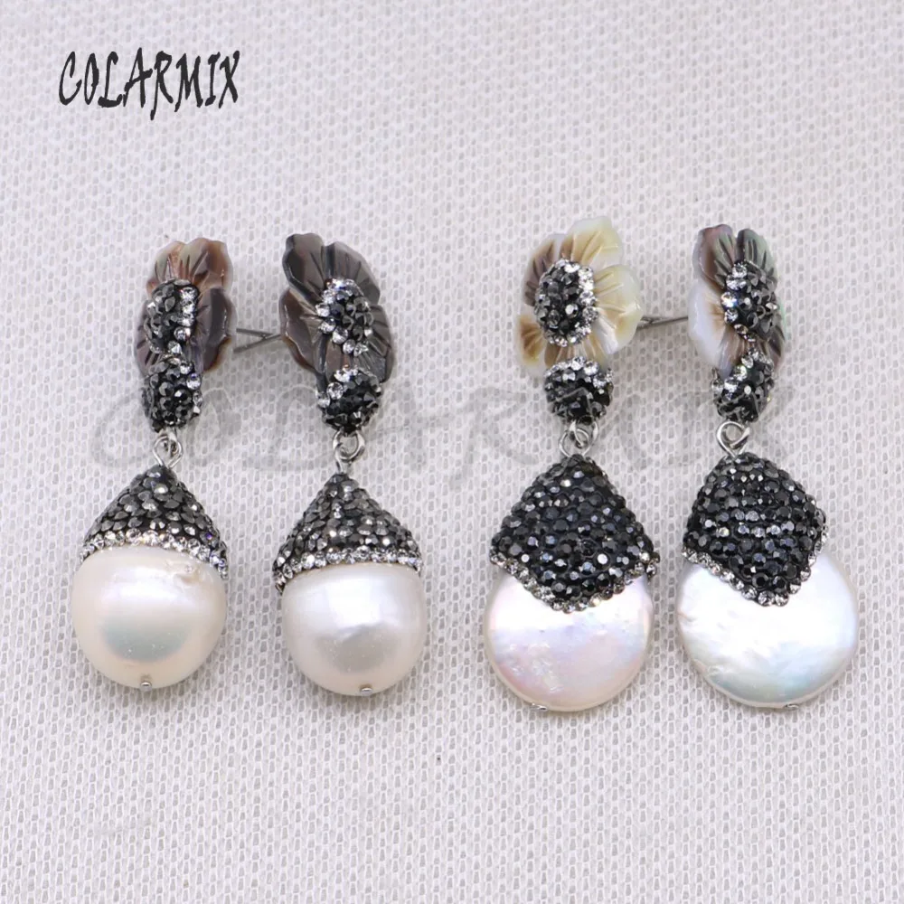 Natural pearls earrings pave rhinestone flower shell fashion jewelry wholesale Jewelry gift for lady 4459 | Украшения и