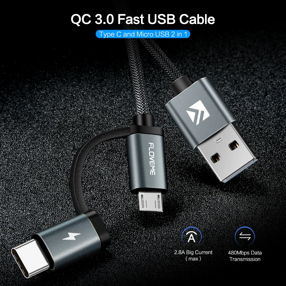 Кабель FLOVEME 2 в 1 USB Type-C/Micro-USB 3 0 для телефонов Android 2.4a | Мобильные телефоны и
