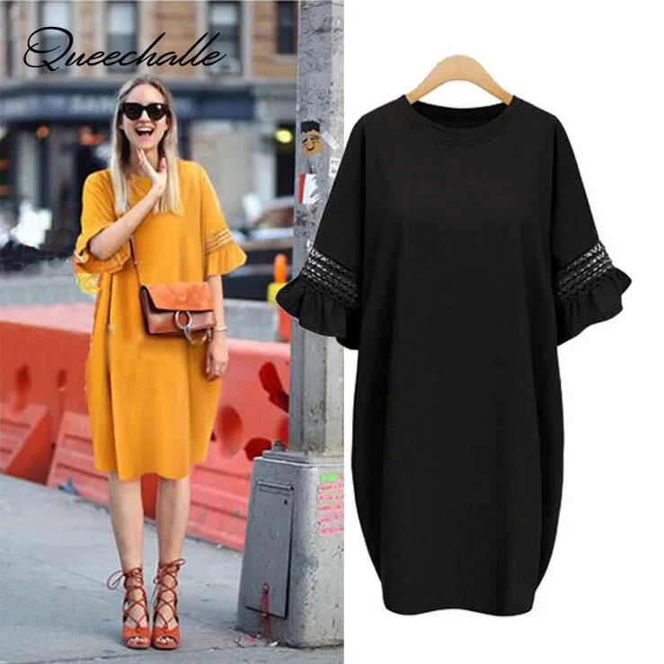 

Queechalle Women Dress 2021 Summer Ruffles Sleeve Casual Loose Dress Black Mustard Mid-length Vestidos Female Clothing