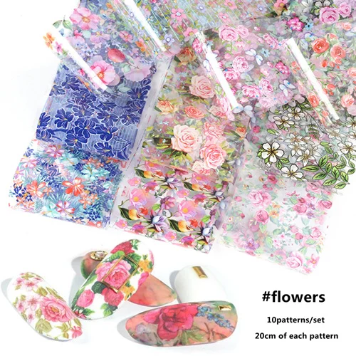 flowers 10 листов/набор звездное небо Фольга для ногтей переводная бумага Ночная галактика Цветущий дизайн ногтей Фольга наклейки звезда наклейки для ногтей тату - Цвет: flowers