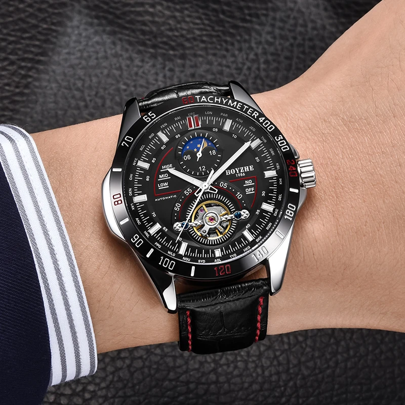 

BOYZHE Luxury Men Watches Waterproof Automatic Watch Military Mechanical Tourbillion Moon Phase Mens Wrist Watches Man Clock