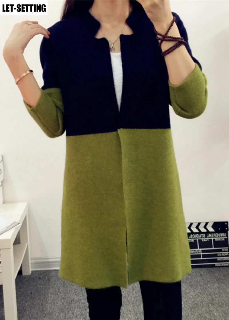 

Korean version of the retro stitching contrast color sweater spring and autumn lady coat woolen slim long warm outwear free size