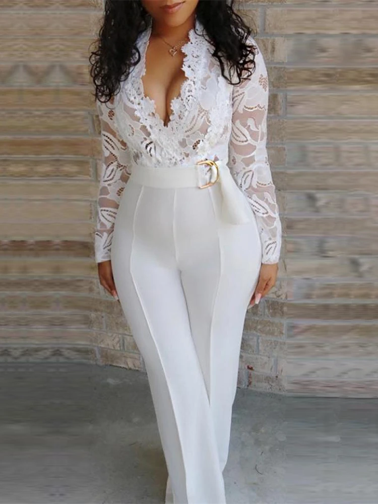 

2020 Summer Women Elegant White Sexy V-Neck Slim Fit Outfit Patchwork Crochet Plunge Eyelash Lace Bodice Insert Jumpsuit