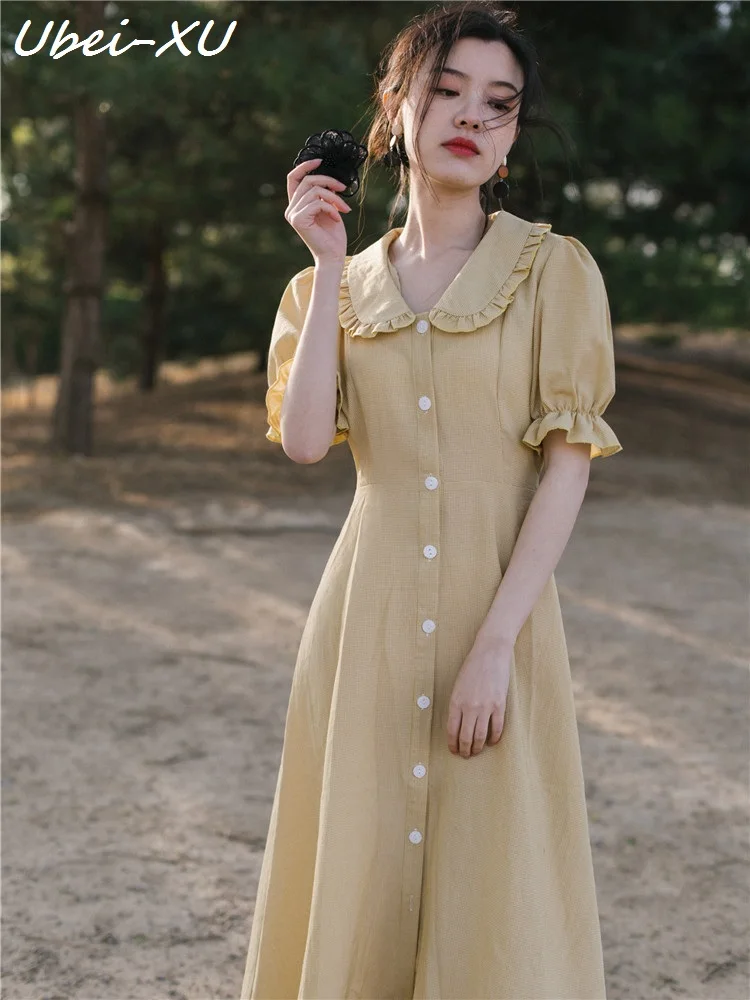 

Ubei French retro DRESS summer very fairy minority small plaid dress peter pan collar sweet dress women