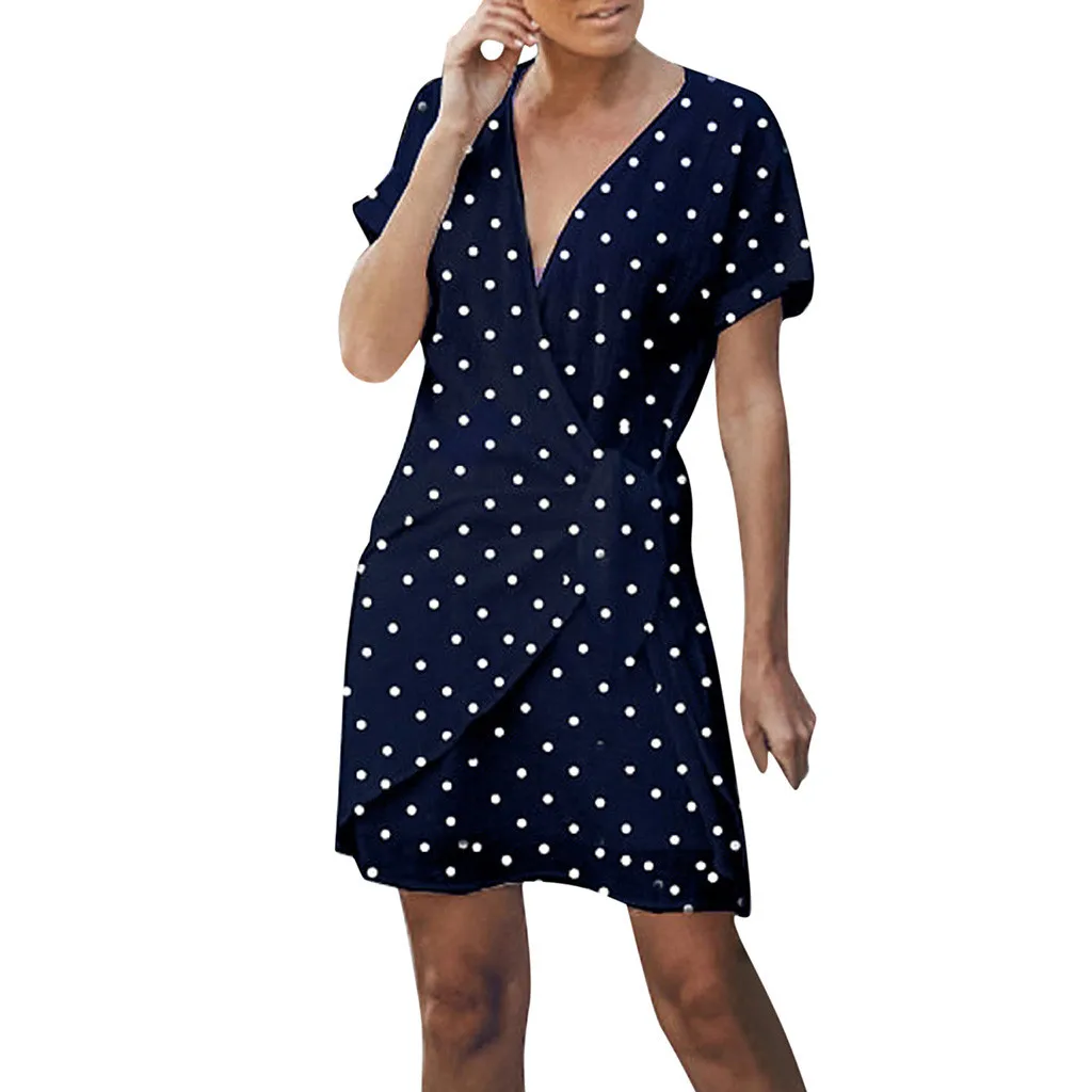 Женские летние Boho с коротким рукавом сексуальные v образным вырезом в горошек