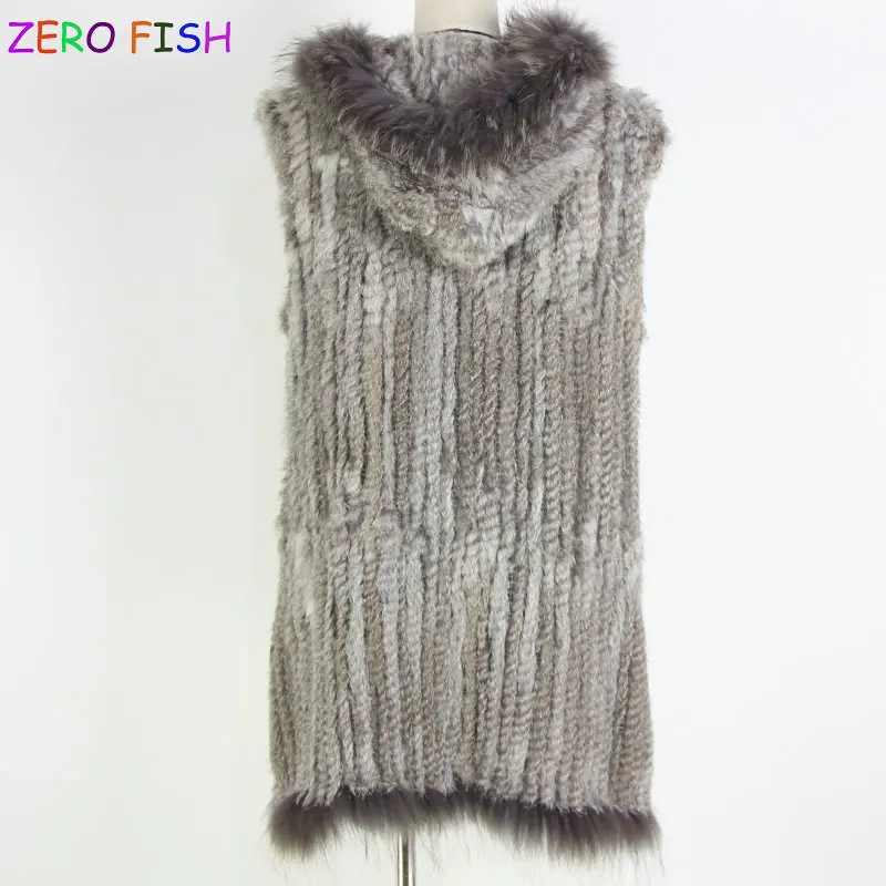 high quality hot sale knitted rabbit fur pocket vest raccoon dog collar with hood waistcoat | Женская одежда