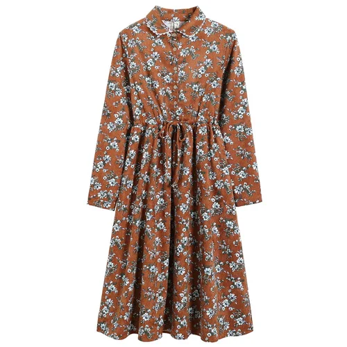 

Autumn Long Sleeve Floral Peter Pan Collar Preppy Style Dress Women Printed Corduroy Lace Dress Womens Vintage Clothing
