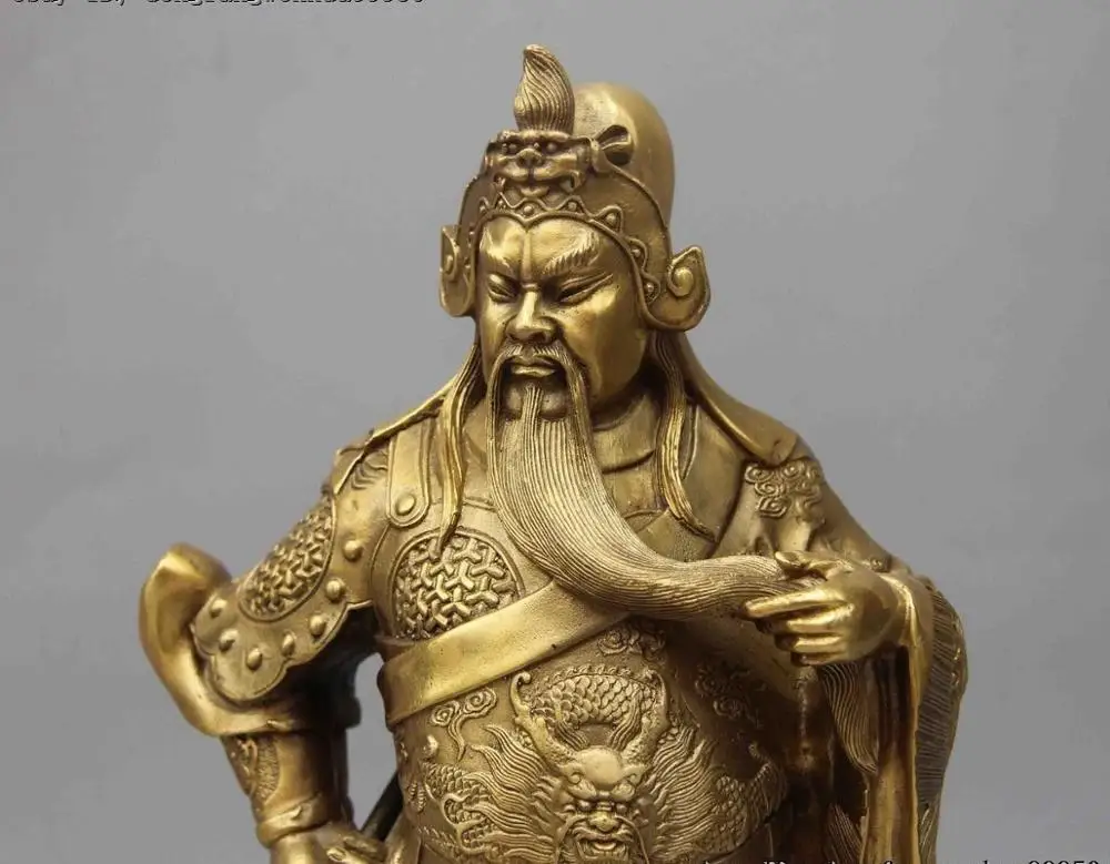 Китайский латунный бронзовый дракон Guangong Guan Gong Yu воин Бог держит нож статуя | Дом