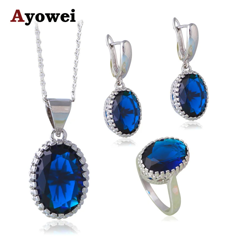 Ayowei Blue Saphire Модные Ювелирные наборы для женщин Серебряные серьги CZ ожерелье