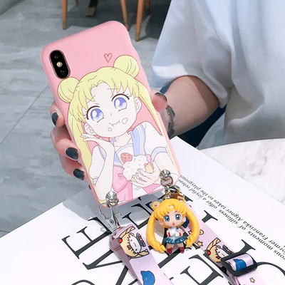 As shown in Для iPhone XR милый 3D Сейлор Мун чехол для телефона для iPhone X XS Max 4S 5S SE 6S 6plus 7plus 8 plus мультяшная задняя крышка+ ремешок+ игрушка - Цвет: As shown in