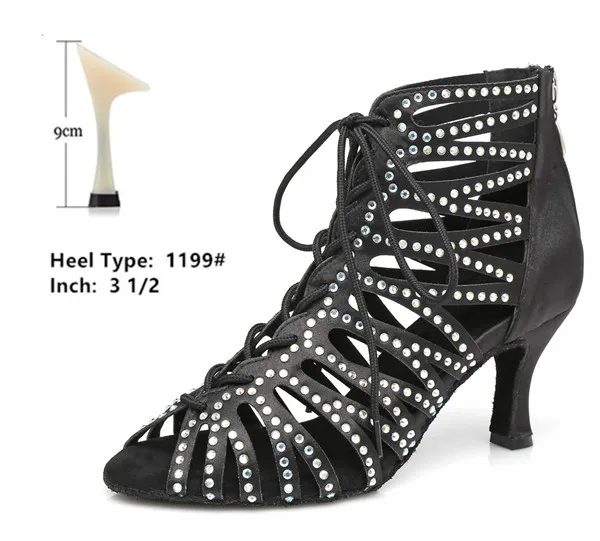 black 9cm Salsa Dance Boots Black Shining Lace Zipper Opening for Wedding Party Ballroom Social Dancing Glitter Women Sandals Medium 7.5cm - Цвет: black 9cm