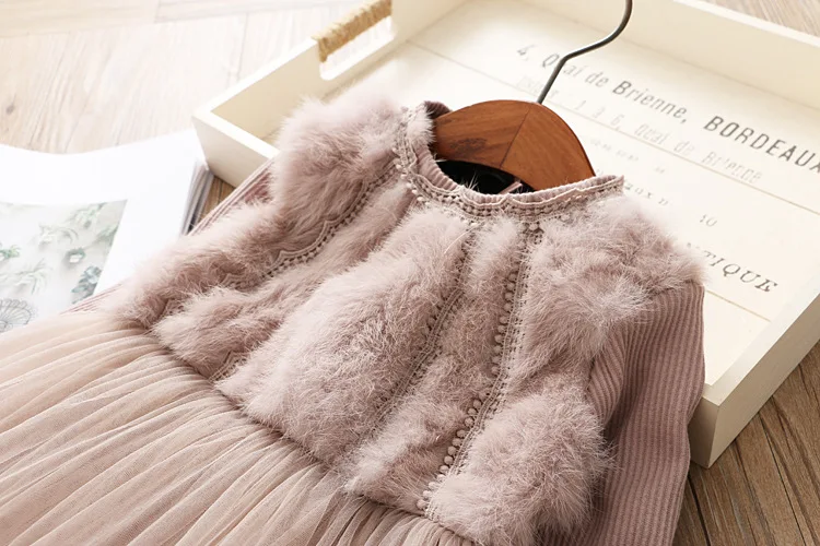 New Baby Girls Clothes Long-sleeved Faux Fur Top Tulle Dress Velvet Dress+Fur Vest One Piece Warm winter 5sets/lot | Детская одежда и