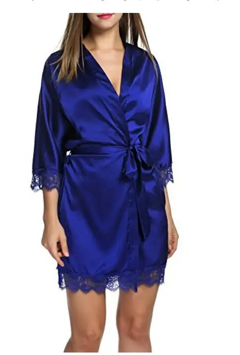 royalblue Дамский контрастный кружевной Атласный халат Новая модная сексуальная женская одежда весенний синий короткий рукав простой ночной халат - Цвет: royalblue