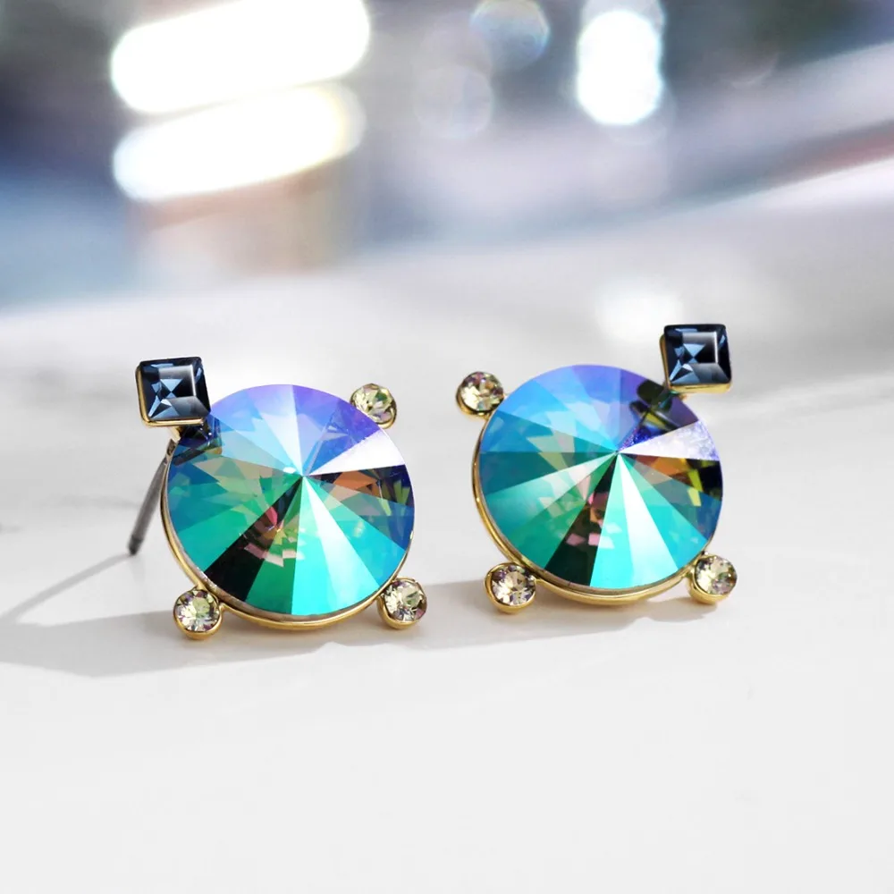 Neoglory Austria Rhinestone Geometric Design Stud Earrings Colorful Green Stylish Cool Cute Trendy Women Holiday Elegant Party | Украшения