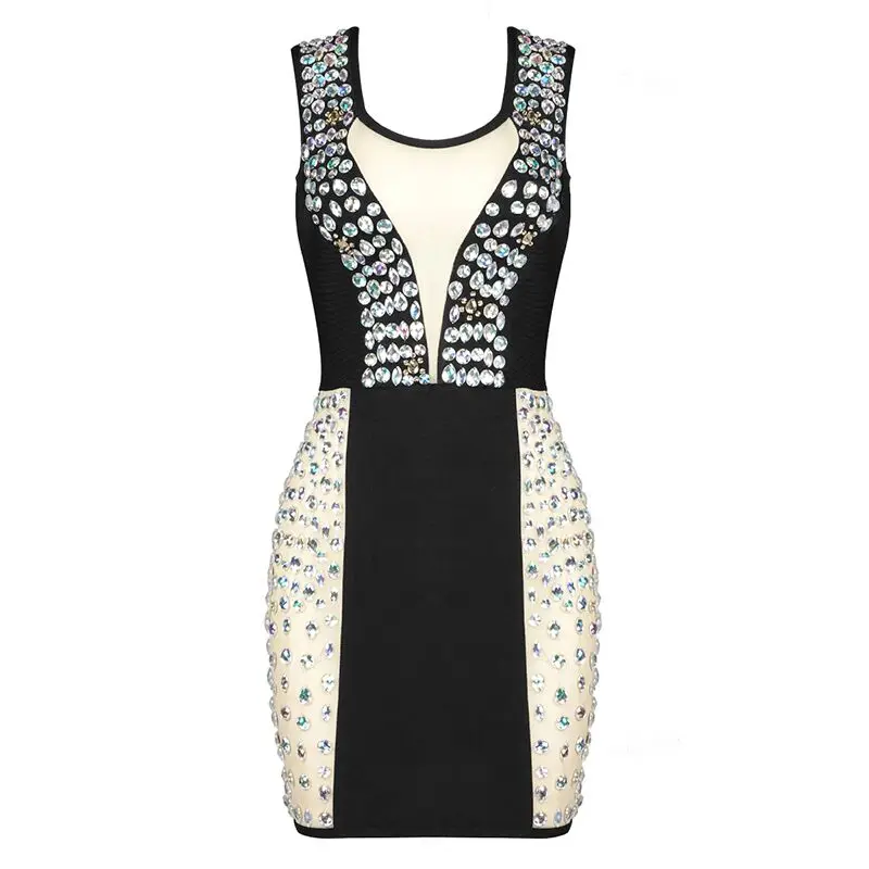 Сексуальное женское мини платье с бусинами для танцев черное Бандажное из