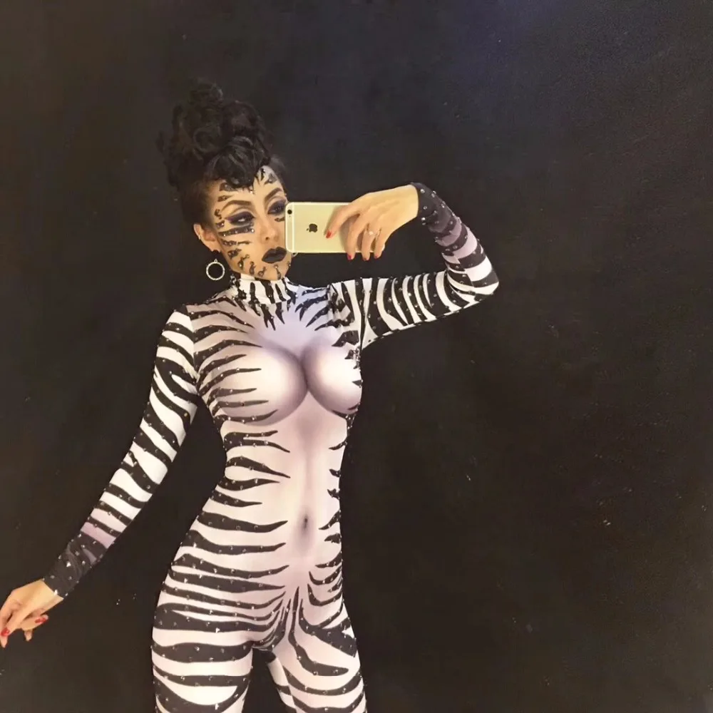 

Sexy Zebra Sparkling Crystals Stones Jumpsuit Nightclub Party Celebrate Singer DJ DS Gogo Performance Stage Wear Women Bodysuit
