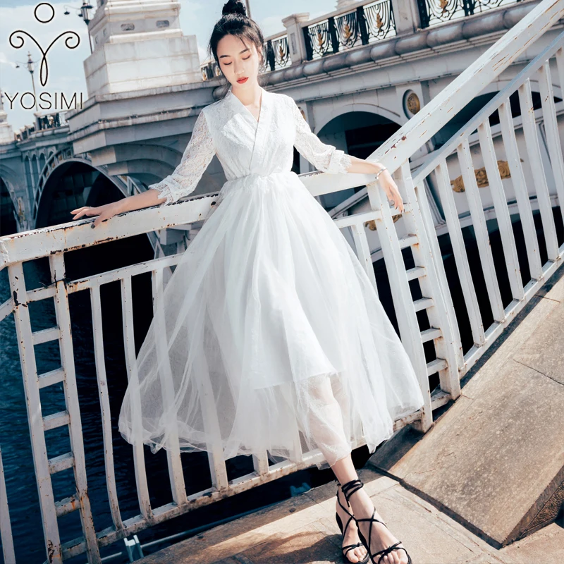 YOSIMI 2019 летнее женское платье вечернее миди винтажное кружевное и Сетчатое с v