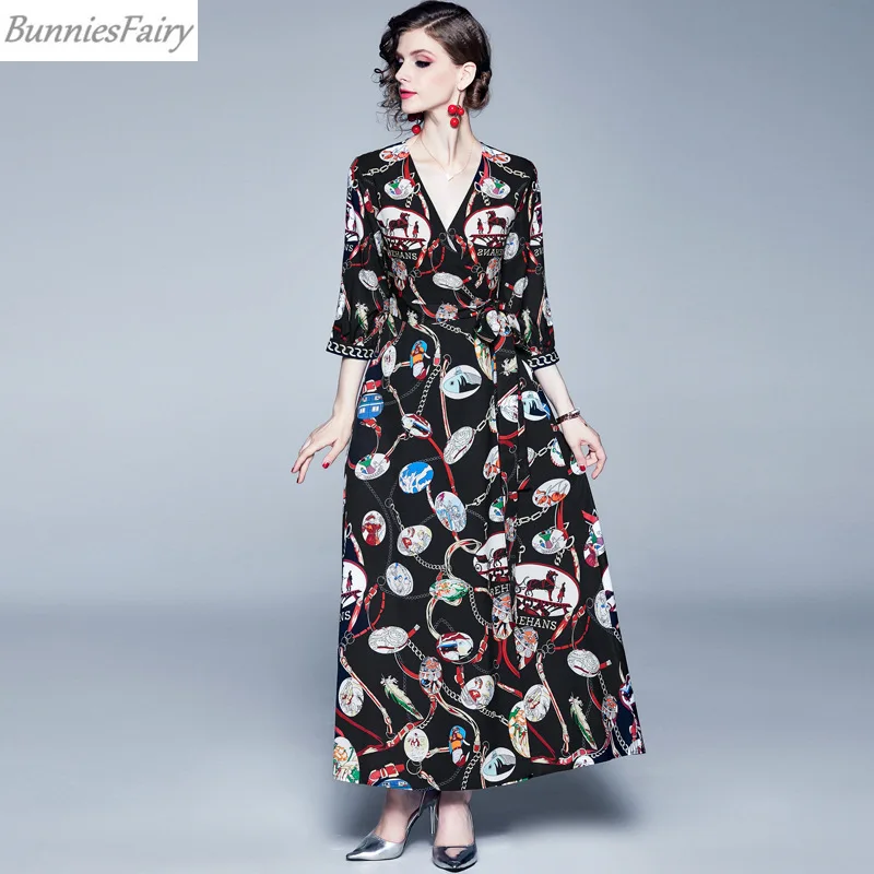 BunniesFairy 2019 осеннее Новое Женское винтажное ретро-платье с цепочками буквенным