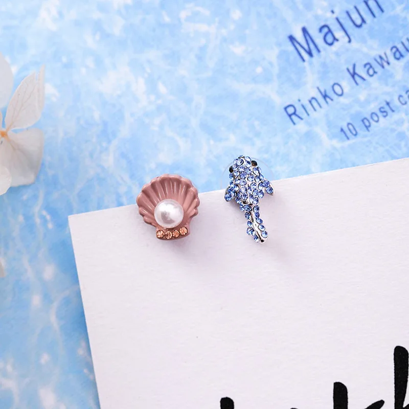 Cute Korean Rhinestone Ocean Starfish Dolphin Crab Stud Earrings for Women Creative Shell Pearl Fashion Jewelry MJ1433 | Украшения и