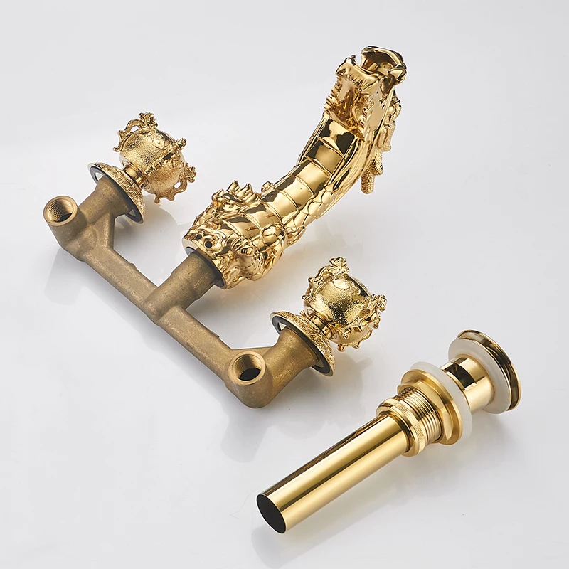 

Bathtub Faucet Wall Mount Baroque Style Gold Brass Bathroom Lavatory Sink Faucet Dragon Dual Handles Mixer Basin Tap LB-69C018-A