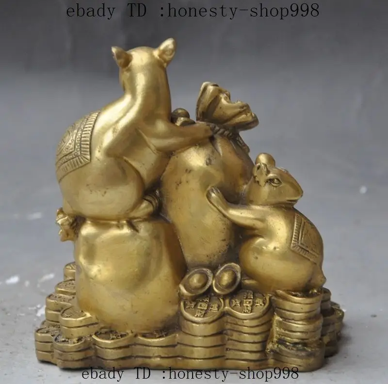 Китайский латунный по феншуй Богатство Yuanbao MoneyBag животный Зодиак 5 мышь статуя