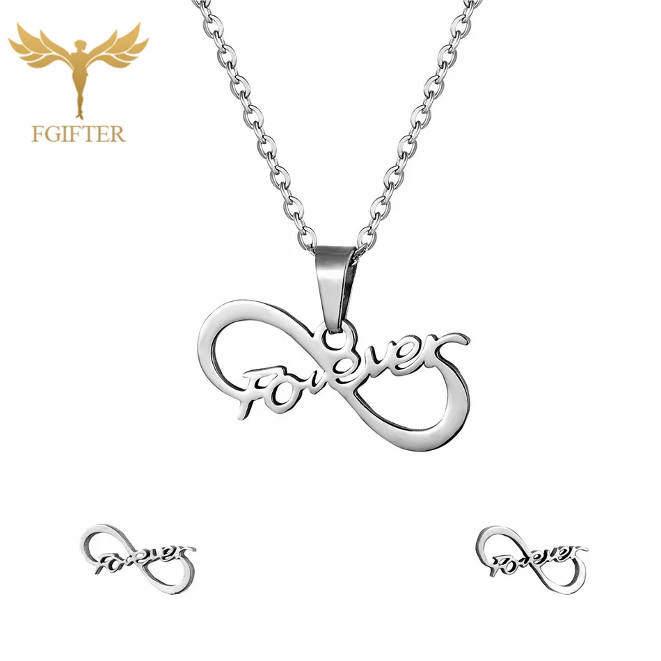 Forever Love Fgift серебряный цвет нержавеющая сталь свадебный ювелирный набор для невесты Forever Love дизайн кулон ожерелье серьги гвоздики подарок для влюбленных - Окраска металла: Forever Love