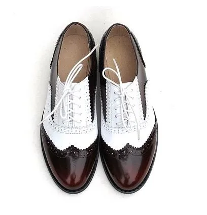wine red white 2 Винтажные женские туфли-оксфорды в британском стиле; Коллекция года; туфли на плоской подошве из натуральной кожи; женские черные лакированные туфли ручной работы; американский размер 13 - Цвет: wine red white 2