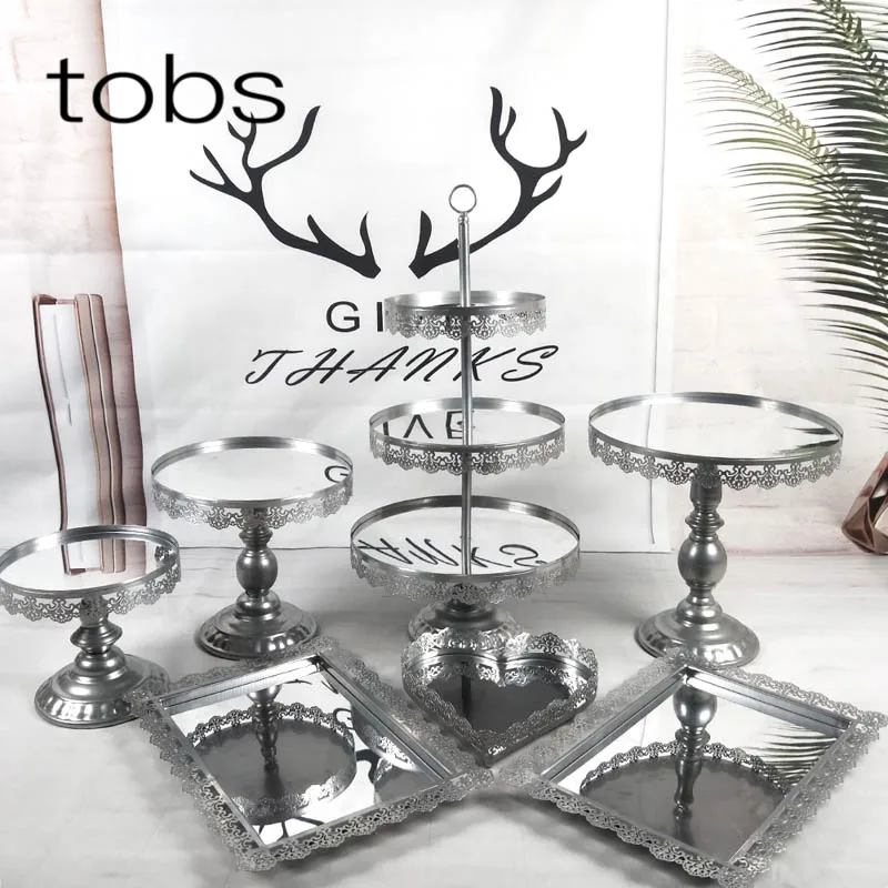 7 pcs silver Розовое золото металл, акрил зеркало украшения с кристаллом кекс 7 шт. торт стенд набор держатель - Цвет: 7 pcs silver