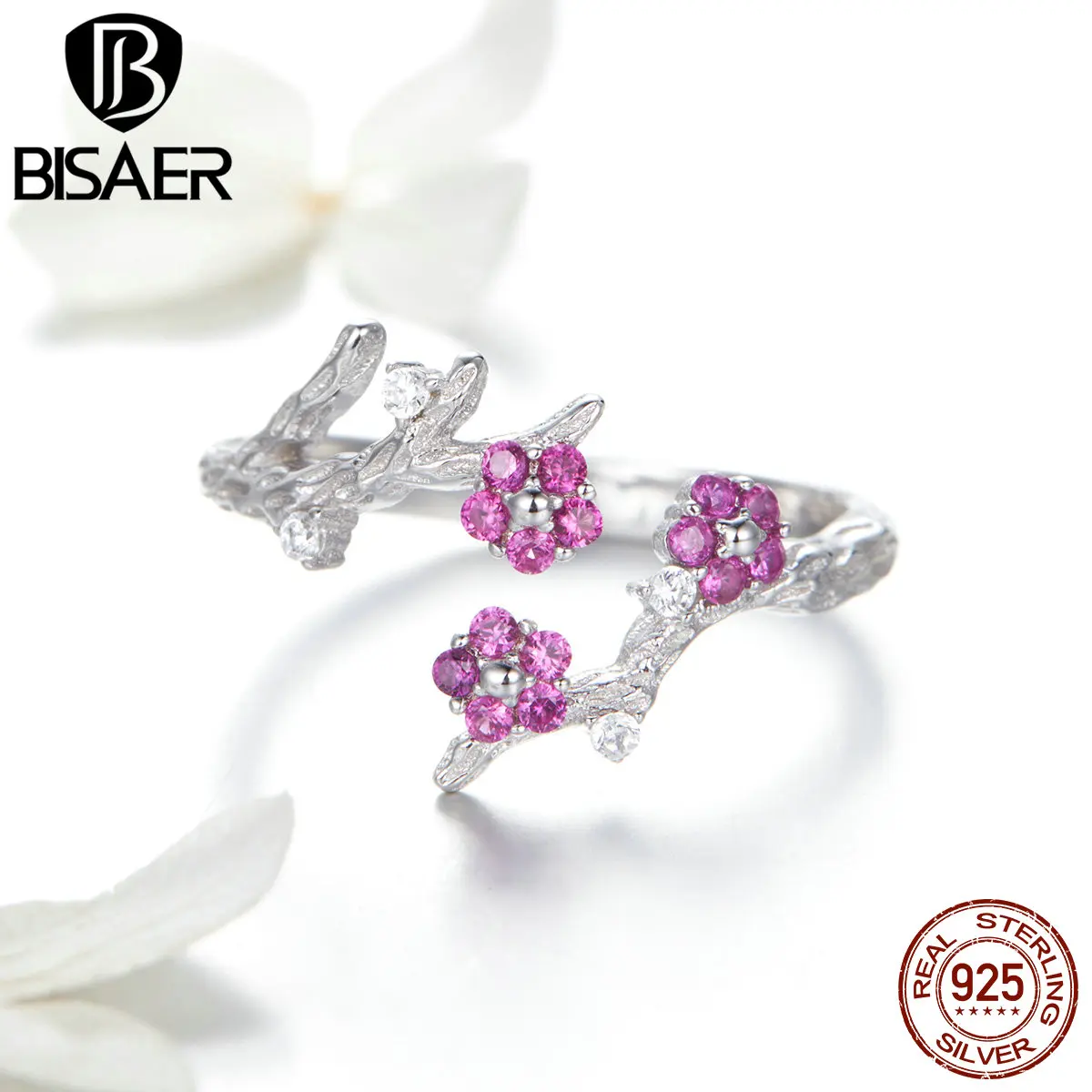 BISAER, 925 пробы, серебряное, винтажное, зимнее, сладкое, цветочное кольцо, регулируемое, цветок орхидеи, женские кольца, серебряное ювелирное изделие EFR022