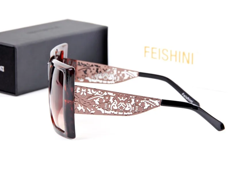 FEISHINI, брендовые, с металлическим узором, полые ноги, oculos de sol feminino, для девушек, суперзвезда, негабаритные солнцезащитные очки, для женщин, квадратные, винтажные, черные