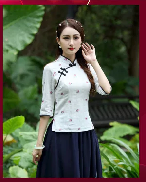 Sheng Coco темно-синие рубашки китайский стиль Вышивка Цветы Cheongsam топы традиционная китайская одежда длинный рукав Hanfu