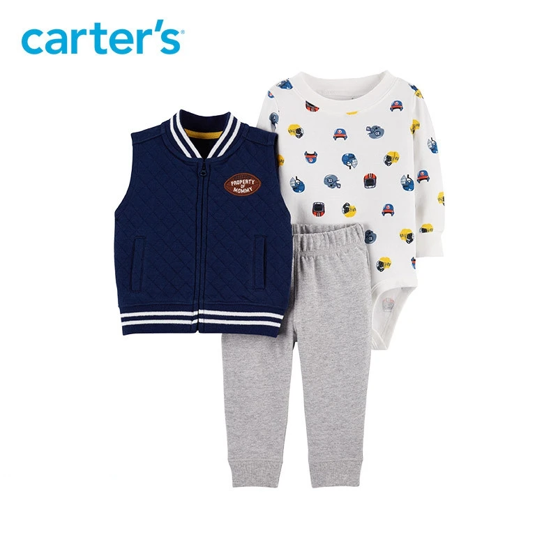 3pcs football print bodysuit cute slogan Side pockets vest set Carter's baby boy spring autumn clothing 121I893 |