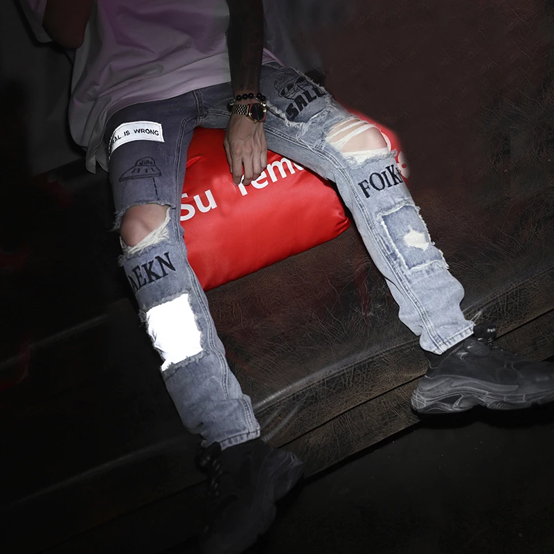 

Reflective Men Skinny Ripped Jeans 2018 Vintage Biker Jogger Distressed Hole Baggy Denim Slim Fit Casual Pants
