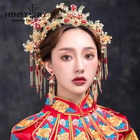 himstory vintage chinese wedding tiaras hair piece red gold bridal wedding hairwear ancient princess hair stick accessories
