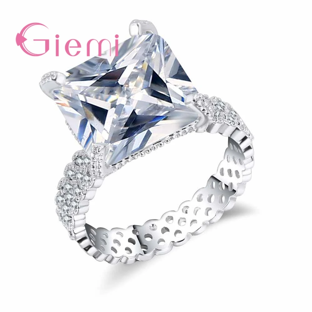 

925 Sterling Silver Luxury Glamorous Square Large Size Crystal Ring Engagement Wedding Ceremony Jewelry Cubic Zirconia