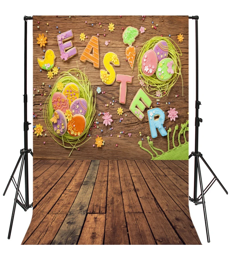Laeacco Easter Egg Flowers Wall Wooden Floor Photo Backgrounds Customized Vinyl Digital Photographic Backdrops For Studio | Электроника